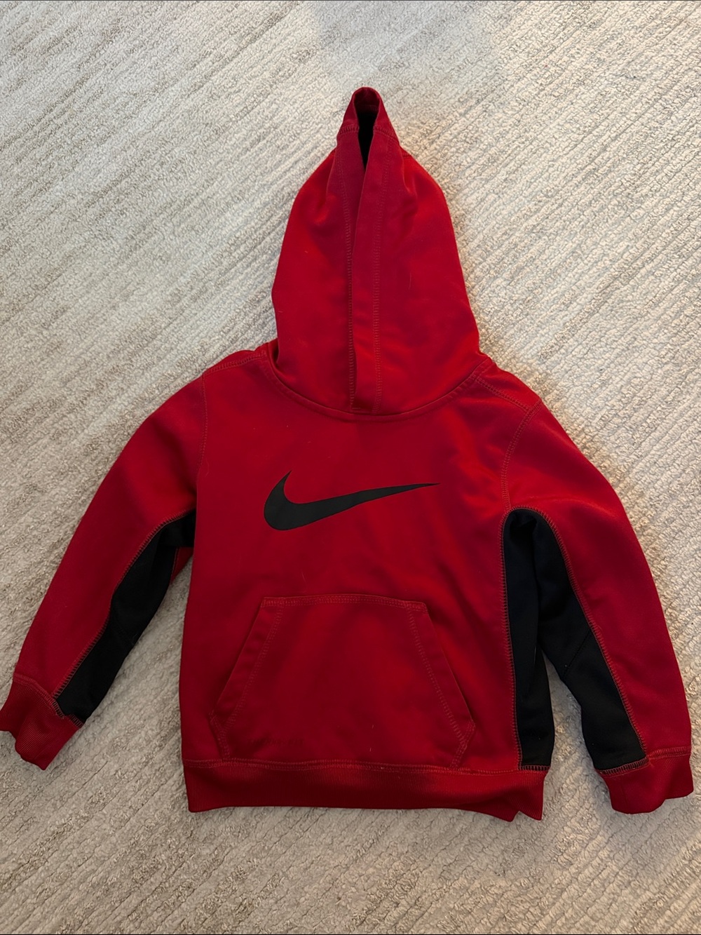 Nike Red Hooded Sweatshirt with Black Swoosh and Side Panels